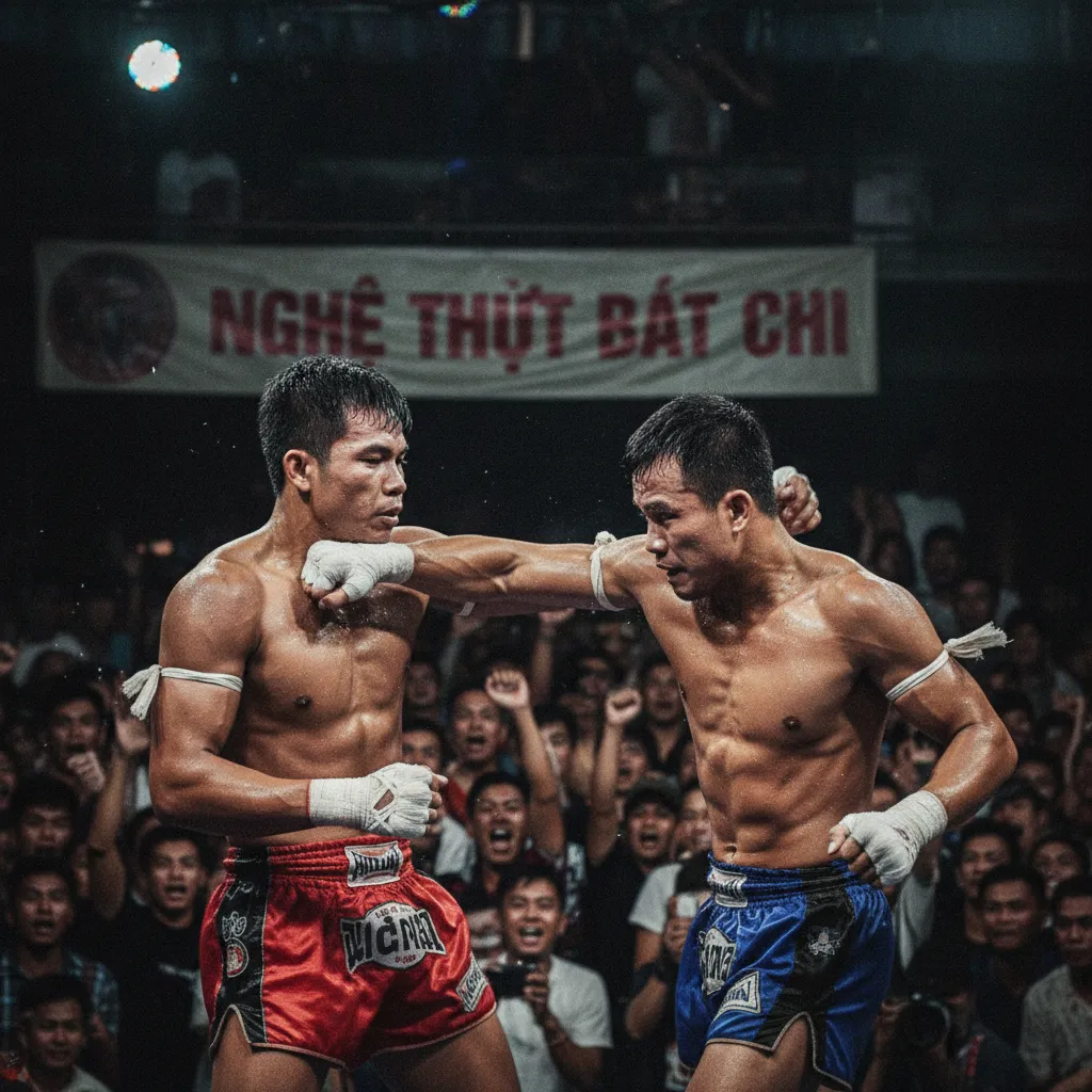 Một võ sĩ Muay Thái tung cú đá ống chân (roundhouse kick) đầy uy lực.