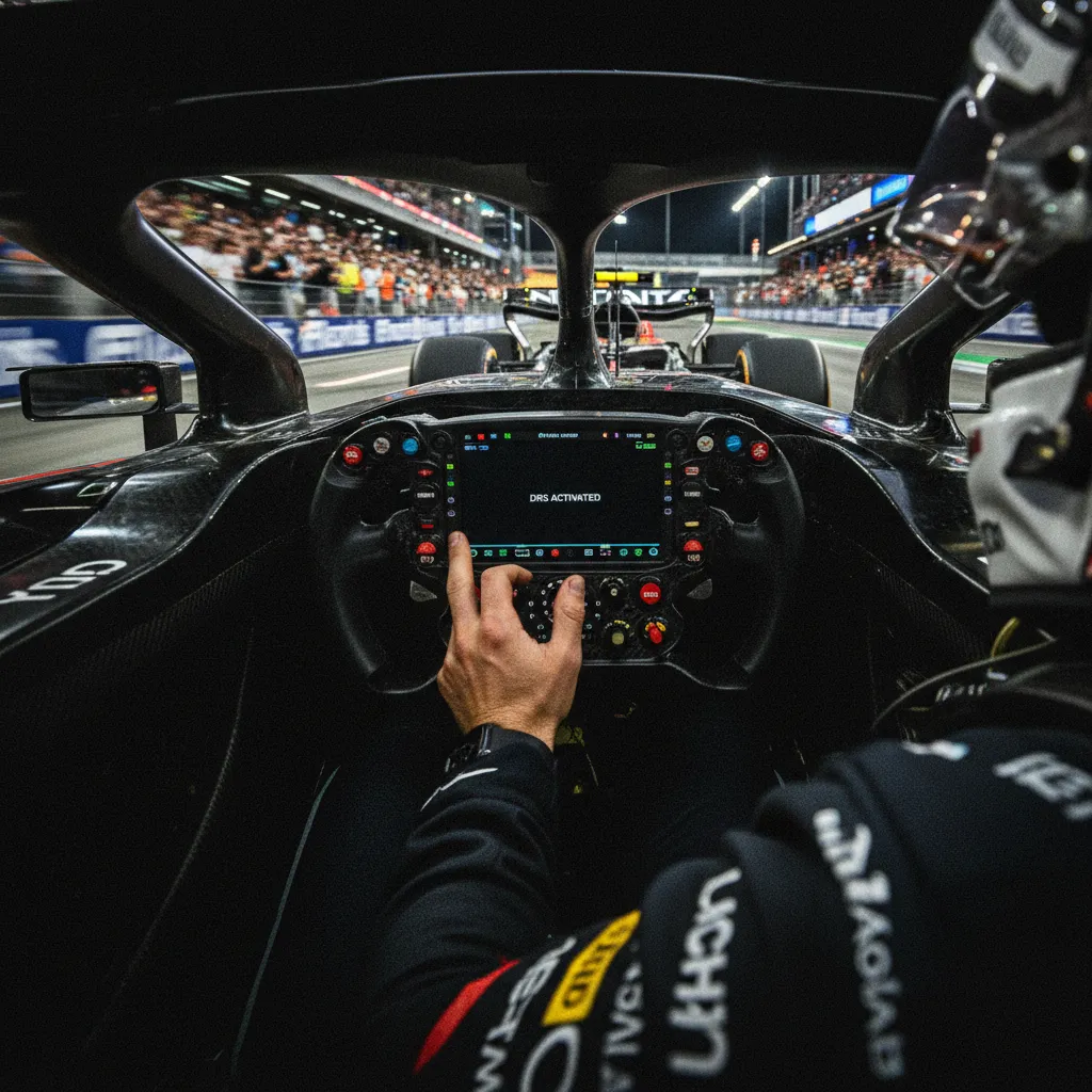 An F1 car using DRS to overtake another car on a straight